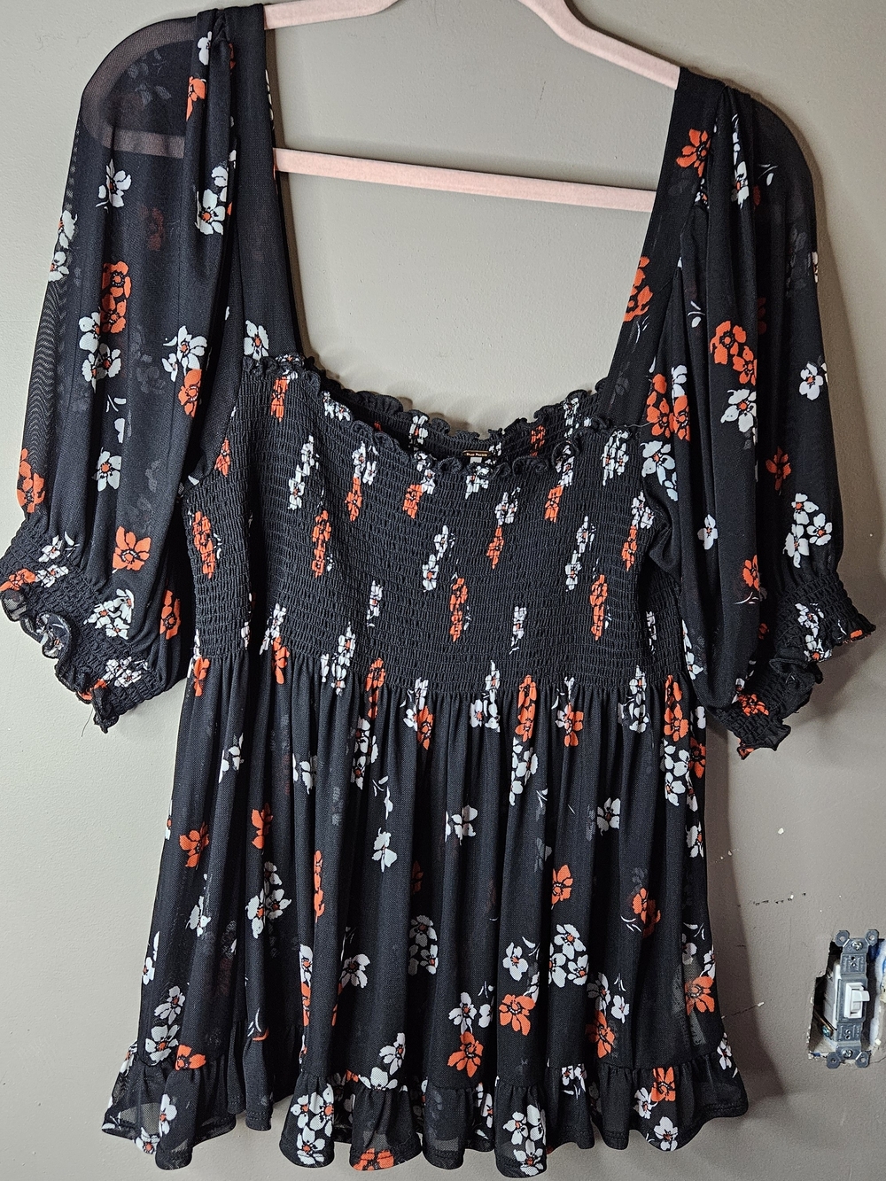 Free People Black Smocked Top with Red & White Floral Print